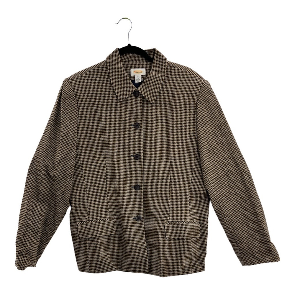 Talbots Womens Wool Coat Blue Beige Houndstooth Buttons‎ Pockets Collar USA 18